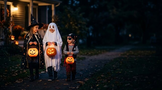 Children in costumes trick or treating with glowing pumpkins at night