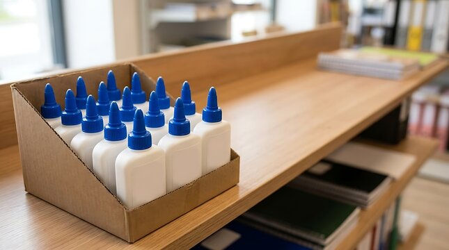 School glue bottles in a cardboard display on a wooden shelf