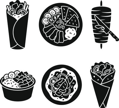Middle Eastern fast food icons with shawarma and kebab in a clean silhouette style for culinary branding