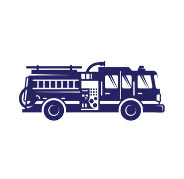 Dark blue silhouette of a fire truck on a white background side view fire engine emergency vehicle service vehicle utility motor heavy duty transportation firefighter