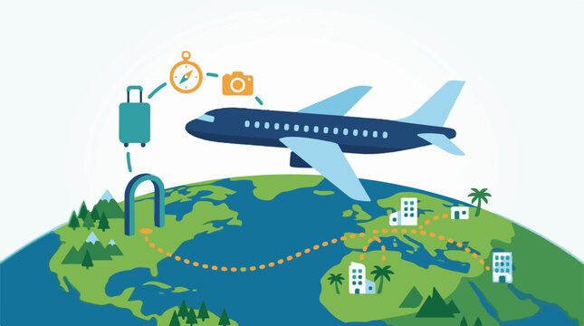 A plane flies over a globe with travel icons