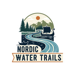 Fototapeta premium Nordic Water Trails vintage mountain and river badge.