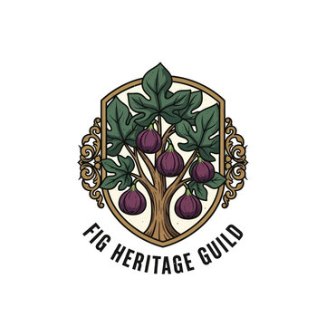 Ornate fig heritage guild emblem with tree and fruit.