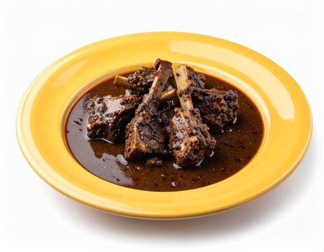 Anglo Indian Mutton Pepper Pot On Yellow Plate Isolated On White Background