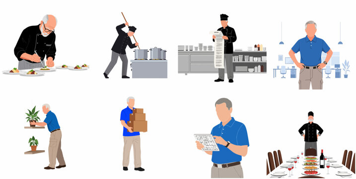 Set of flat vector illustrations of an active senior man working as a professional chef, managing an office, gardening, and using technology