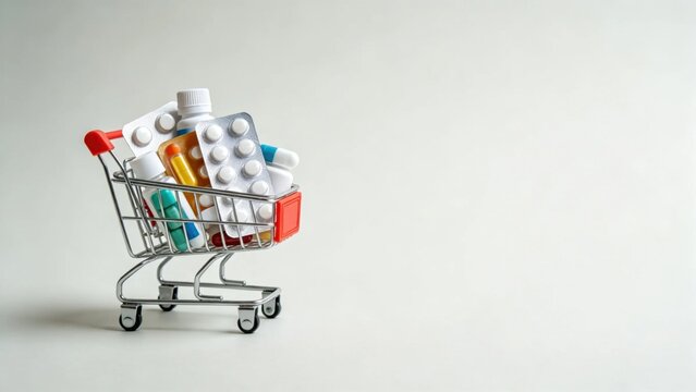 Tiny shopping cart with assorted health items representing e