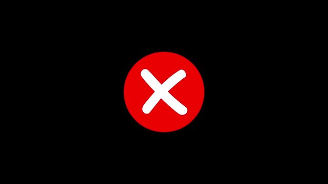 Animated red circle with white cross mark symbolizing error, rejection, or stop action isolated on a solid black background, for digital interface, user experience, and, web alerts