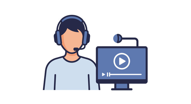 Man wearing a headset next to computer.