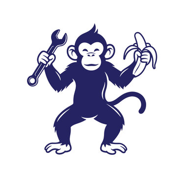 Creative illustration of a monkey holding a metal wrench and banana with mechanic illustration character technical maintenance silhouette industry engineering creative