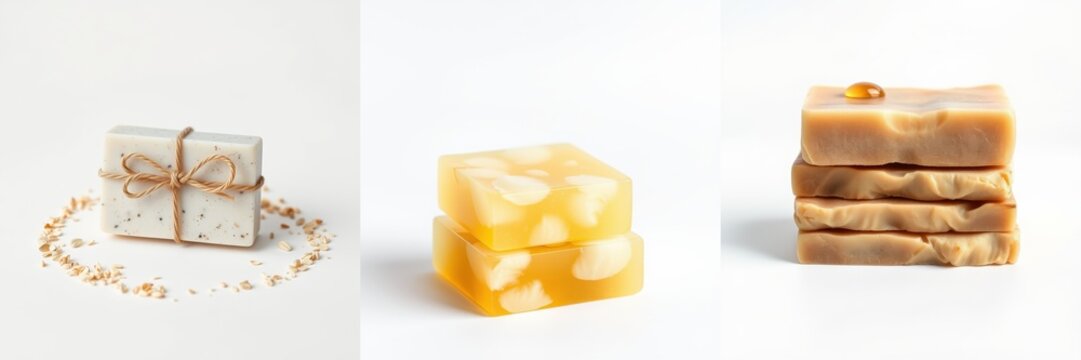Handmade soaps presented. Three variations shown, differing colors, textures, packaging. Minimalist aesthetic, clean backgrounds.