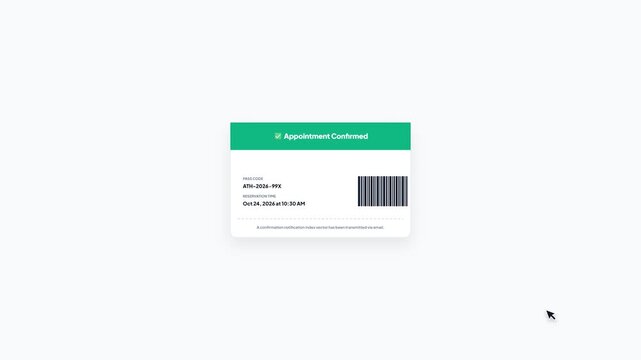 User interface of online appointment scheduling software on white background showing calendar date and time selection to a confirmed pass code receipt screen