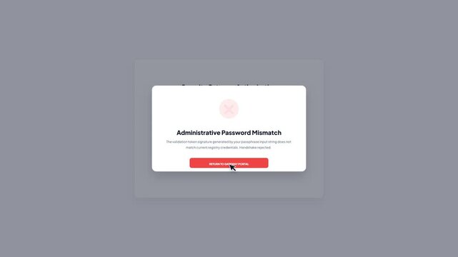 Desktop web dashboard interface showing administrative password mismatch error window during corporate account deletion process mockup