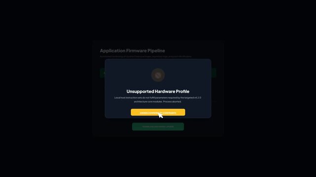 User interface of software firmware pipeline application update page showing unsupported hardware profile error notification message popup on dark mode screen