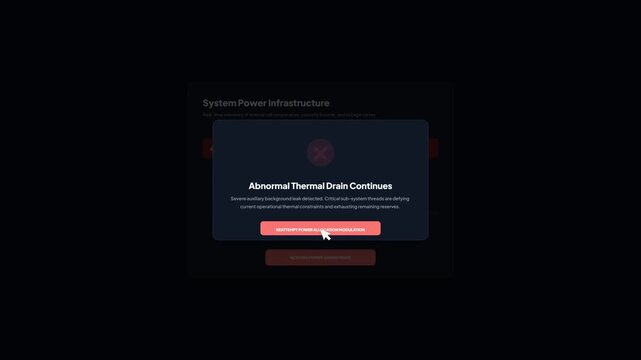 User Interface Error Message of Abnormal Thermal Drain Alert in System Power Infrastructure Dashboard on Dark Background