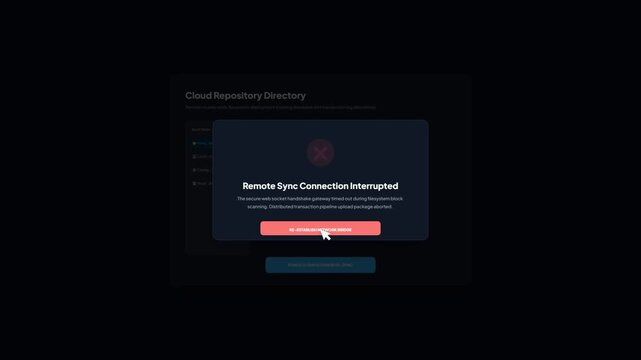 User Interface Panel of Cloud Repository Directory Displaying Remote Sync Connection Interrupted Pop Up Error on Dark Background