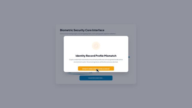 Abstract face scanning system layout showing an identity record profile mismatch notification popup banner with a bypass button option