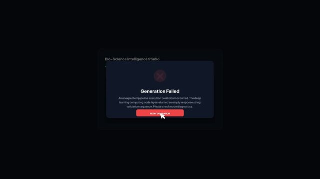 Analytical software application interface displaying a generation failed pipeline execution breakdown error popup message dashboard