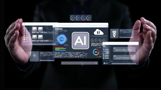 Hands holding a futuristic interactive dashboard representing artificial intelligence, showcasing data visualization, metrics, and digital innovation in a virtual environment. Qubit