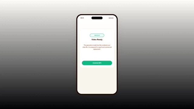 Light mode smartphone application interface showing a successful generative model video rendering completion and download screen mockup