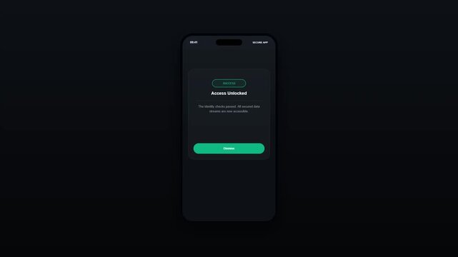 Dark mode mobile security application interface showing a successful biometric face or pin authentication access unlocked screen mockup
