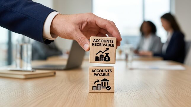 Businessman holding wooden blocks with accounts receivable and payable concepts in office setting