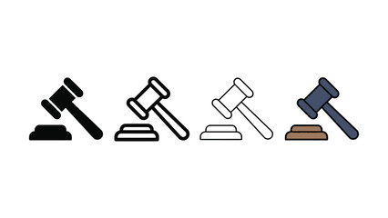 Four graphic representations of a judges gavel striking a sounding block in different styles and colors © Sharif