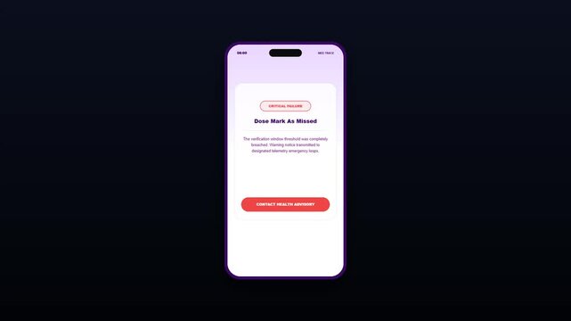 Light Minimalist Medical Tracking Mobile Application Simulating Missed Dose Failure Notification