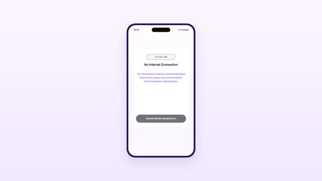 Smartphone screen displaying a mobile streaming app interface with a no internet connection error message and a run network diagnostics button on a purple background