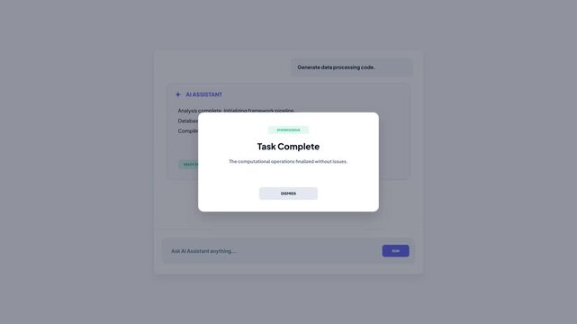 AI assistant workspace interface displaying data processing code generation progress with an analysis complete popup modal window on a desktop screen mockup