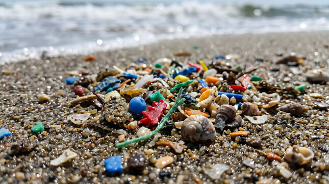 Microplastic Pollution Contamination Found Scattered Along Sandy Ocean Shoreline Beach Environment