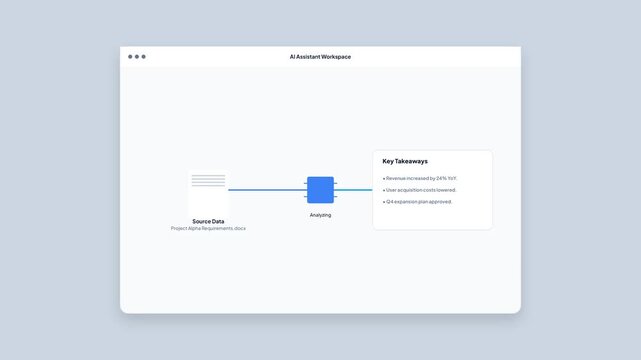 AI Assistant Workspace Interface Analyzing Source Data Document To Generate Key Takeaways
