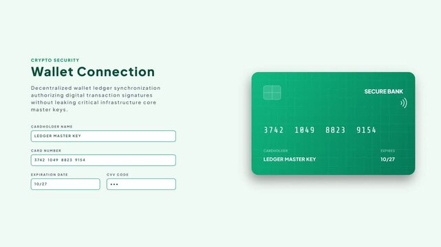 Digital Wallet Connection UI. Modern green secure bank card data synchronization with wallet authorization form, displaying cardholder name and number typing animation on light background.