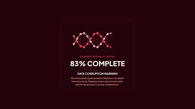 Storage Integrity Decay UI. Animated red glowing DNA helix node network displaying percentage count from 8% to 91% with data corruption warning panel on dark background.