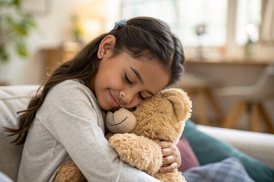 Young girl hugs teddy bear with quiet affection