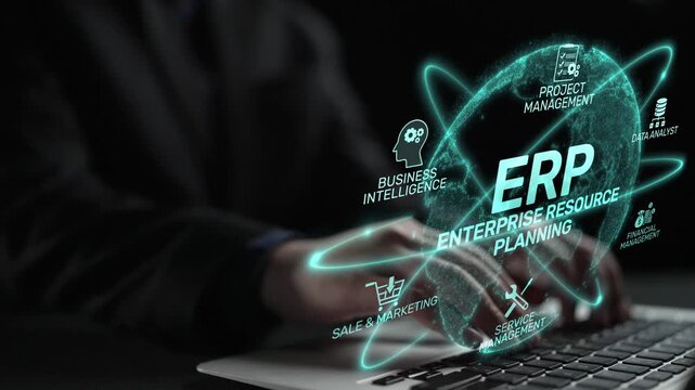 ERP platform visual showing centralized system for enterprise resource planning, improving integration, data flow, business efficiency, finance, inventory, and human resources. Muxer