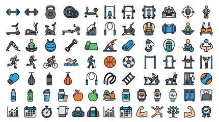 Obraz premium Fitness and gym equipment icons for sports and healthy lifestyle
