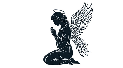 Fototapeta premium Kneeling angel silhouette in prayer with halo and feathered wings
