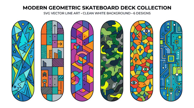 Modern geometric skateboard deck collection with abstract patterns
