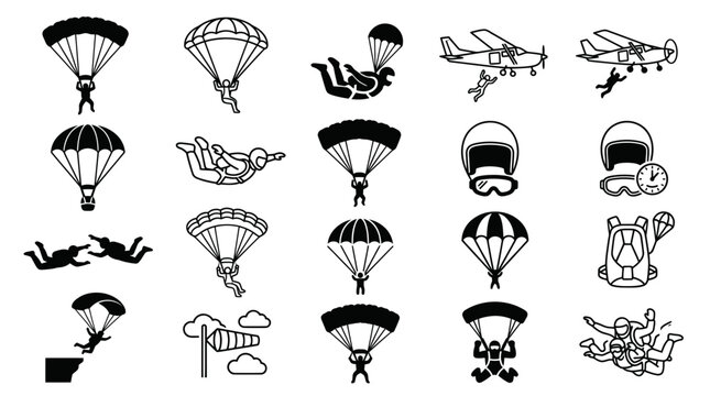 Skydiving and parachuting extreme sports icon set
