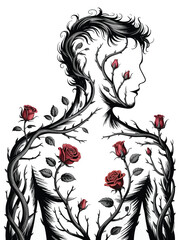 Fototapeta premium Intricate line art profile of a person covered in wild rose bushes