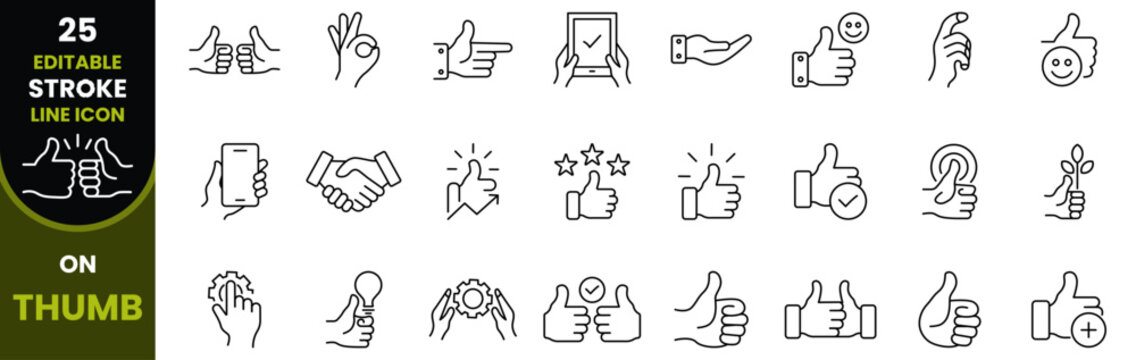 Thumbs Up Vector Editable Line Art Icon Set. Hand Gesture Outline Symbol