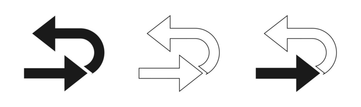 Circular arrow icons set black solid outline and reverse black with outline versions