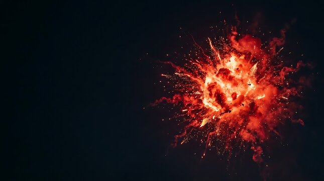 Fiery orange explosion with smoke and debris against a black sky