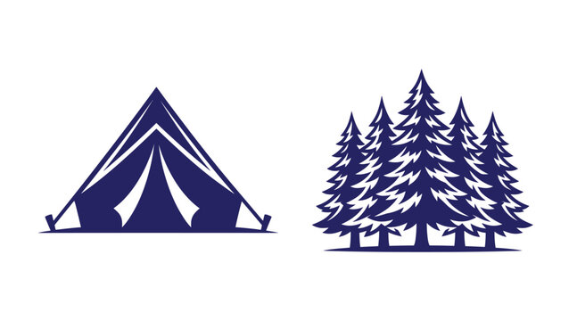 Camping tent graphic next to a forest of pine trees with outdoors adventure silhouette recreation vacation wilderness exploration isolated activity woodland basecamp equipment landscape