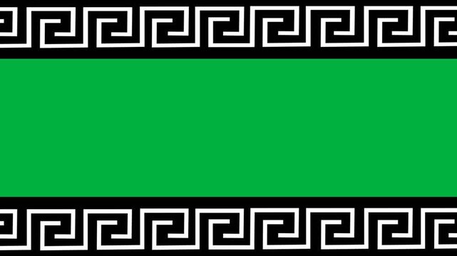 Continuous scrolling Greek meander geometric border pattern with chroma key green screen center