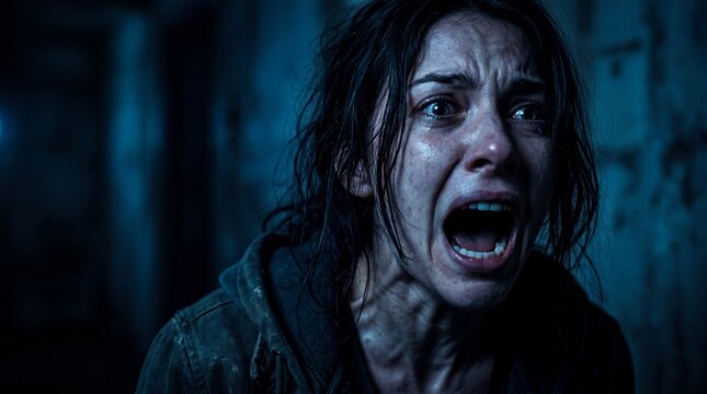Terrified Woman Screaming in Fear in Dark, Creepy Setting.