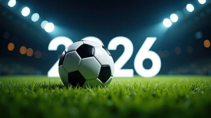 Fototapeta premium Soccer ball on green grass at night stadium with 2026 year background sign