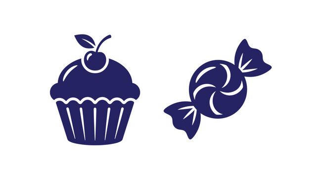 Cupcake and wrapped candy sweet treat icons with confectionery illustration delicious isolated celebration confection sweetness graphics minimalist culinary foodstuff
