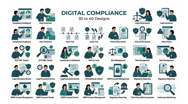 Digital compliance corporate governance and regulation vector icon set with compliance governance regulation business security corporate protection management standards monitoring