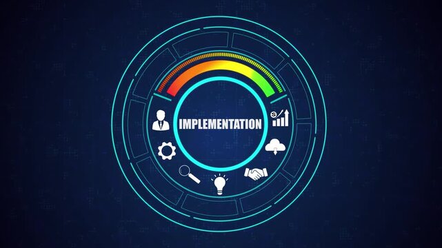 Implementation dashboard for corporate business strategy, financial performance growth animation, futuristic tech abstract background hud.